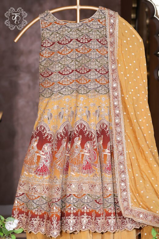 Mustard yellow designer embroidered suit set with matching embellished dupatta