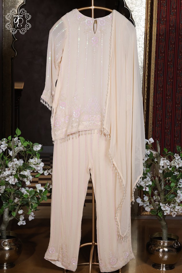 Ivory designer embroidered suit set with elegant sequin detailing