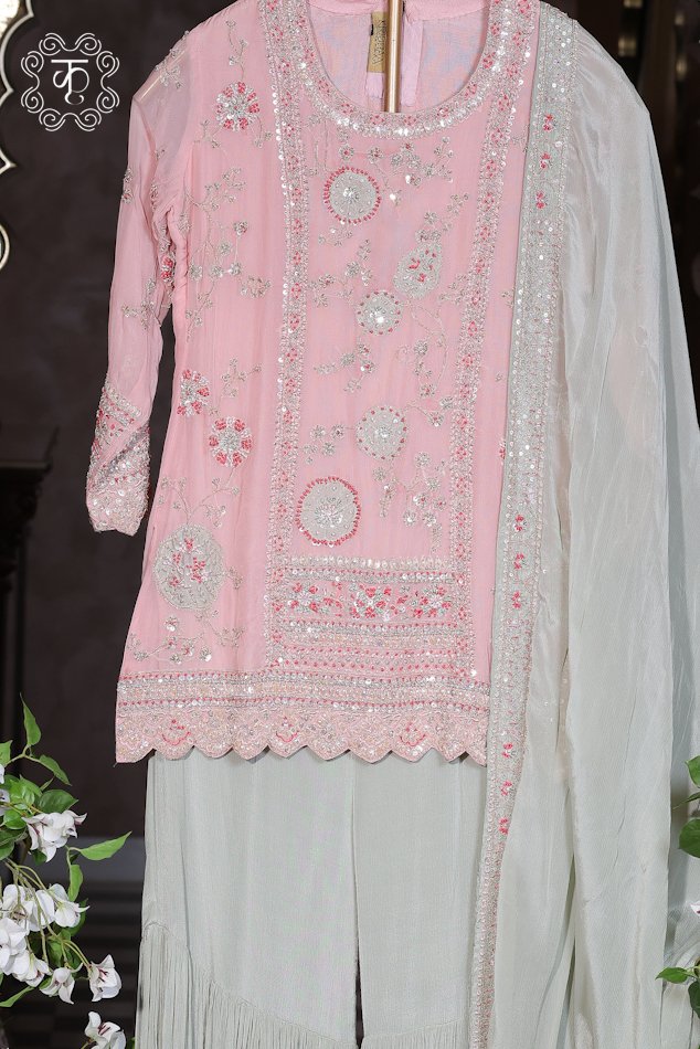 Luxury blush pink embroidered sharara set with matching dupatta