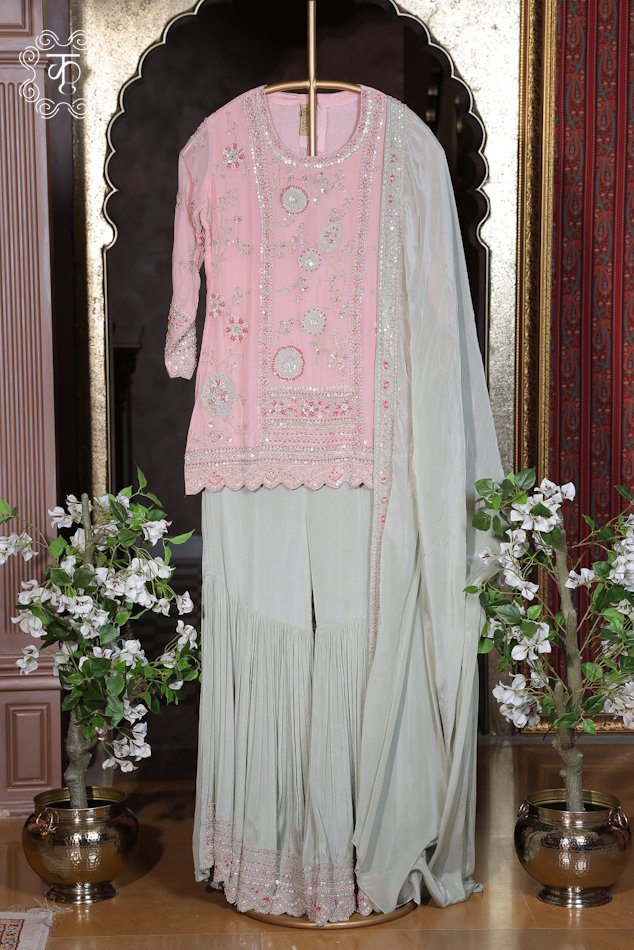 Designer blush pink traditional sharara suit with detailed embroidery