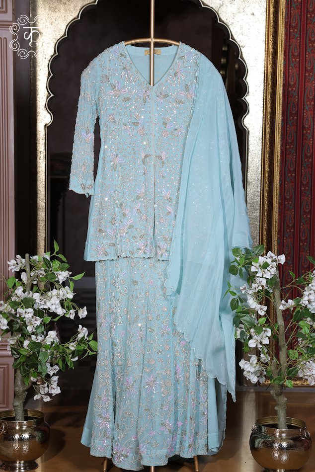 Luxury sky blue ethnic sharara suit featuring sequin and thread embroidery