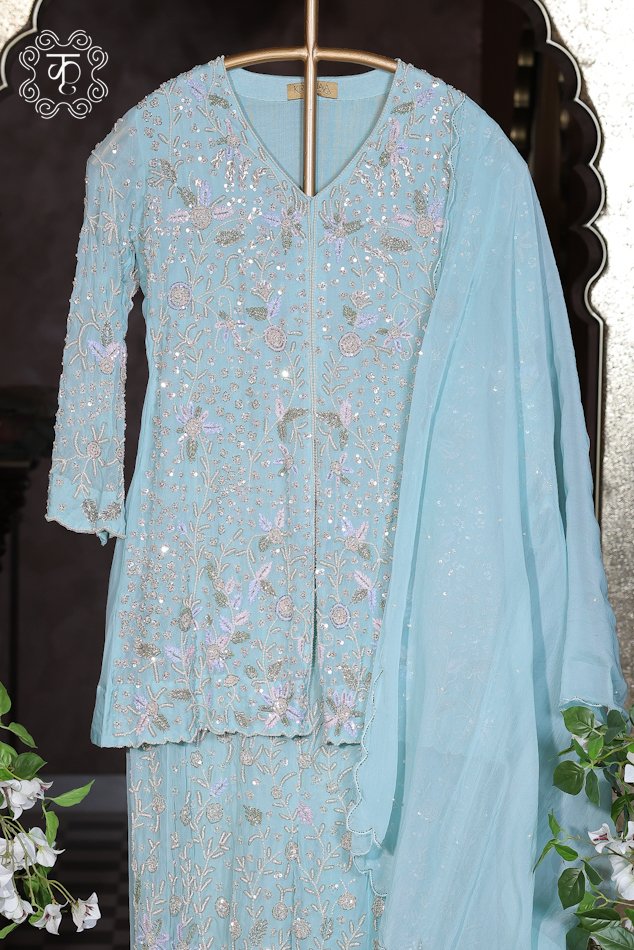 Premium sky blue floral embroidered sharara set with designer dupatta