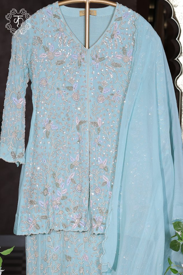 Sky blue designer sharara suit with intricate hand embroidery and matching dupatta