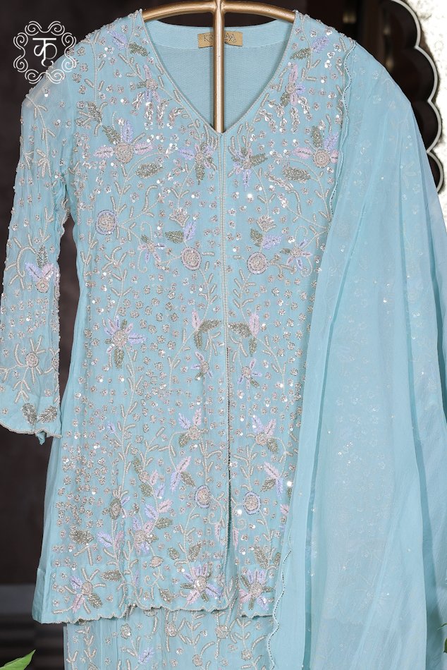 Elegant sky blue embroidered sharara suit for weddings and festive occasions