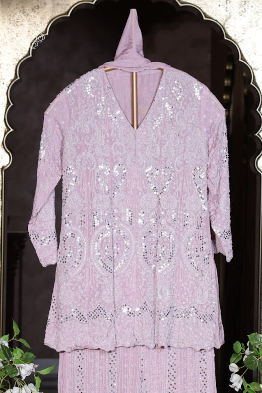 Women's blush pink designer sharara suit for engagement, reception and party wear