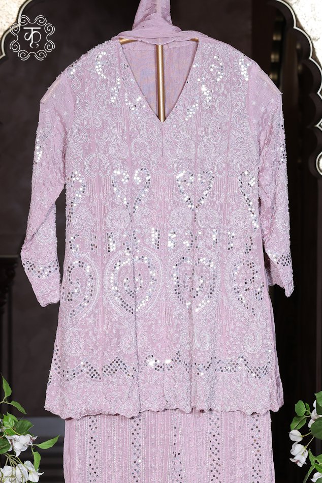 Elegant blush pink embroidered sharara suit for weddings and festive occasions