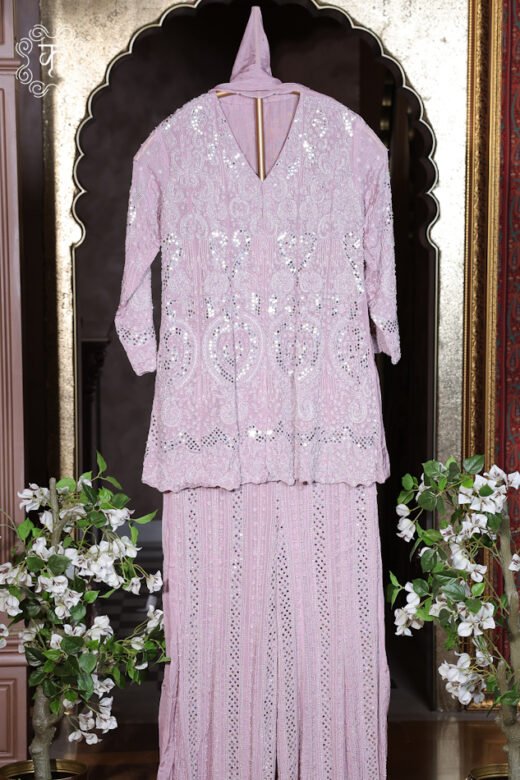 Luxury blush pink ethnic sharara suit featuring handcrafted embroidery