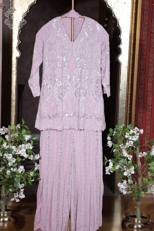 Blush pink designer sharara suit with intricate mirror embroidery and matching dupatta