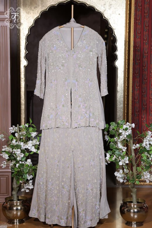 Elegant pearl grey sequin embroidered sharara suit for weddings and festive occasions