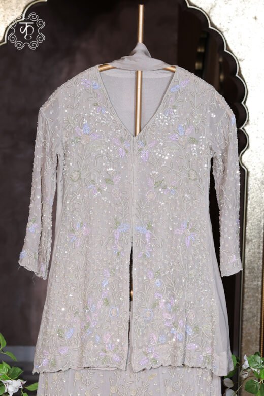 Pearl grey floral embroidered designer sharara suit with matching dupatta