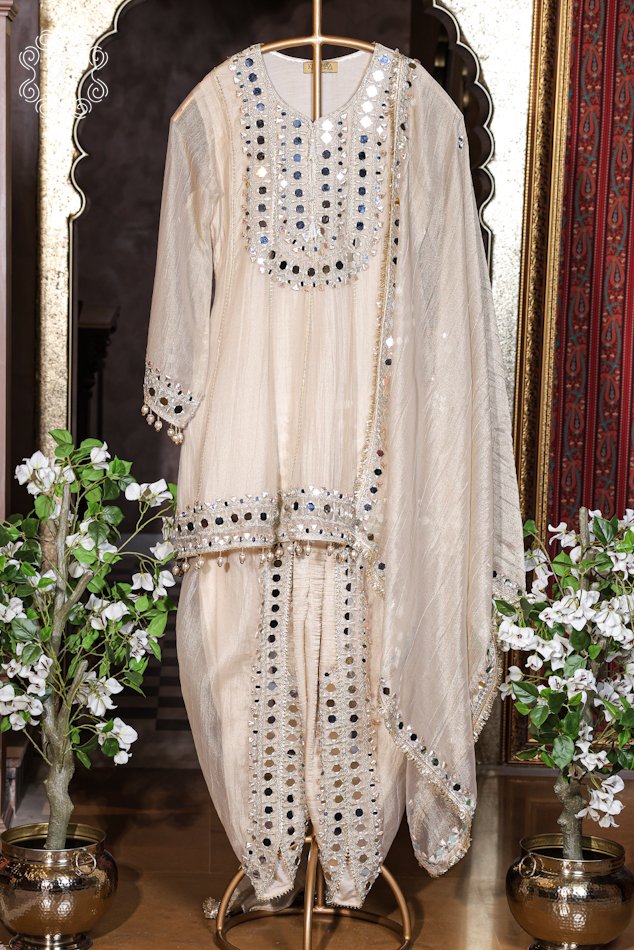 Ivory Mirror Work Designer Sharara Suit Set - Image 4