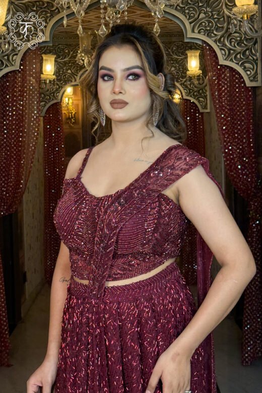 Premium wine party wear draped saree for weddings and receptions