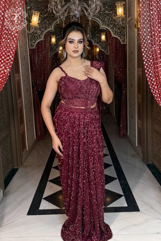 Luxury wine designer draped saree with heavy sequin work