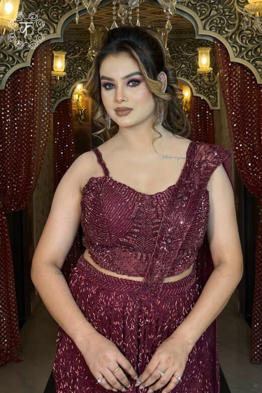 Elegant wine ready-to-wear draped saree for cocktail parties