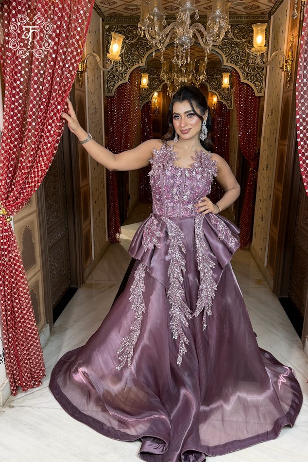 Mauve 3D floral embellished designer gown for women