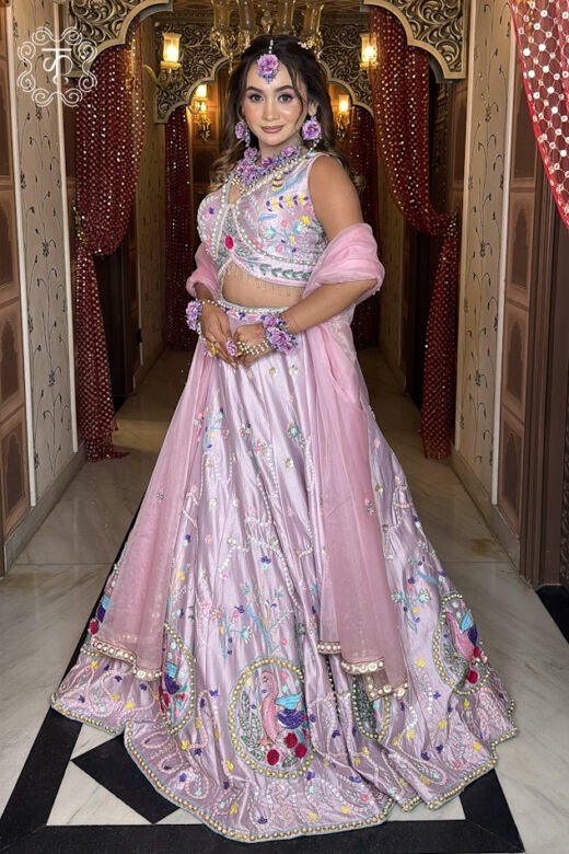 Blush pink hand embroidered designer lehenga with net dupatta