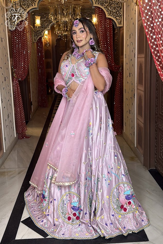 Floral embroidered blush pink lehenga for mehendi ceremony