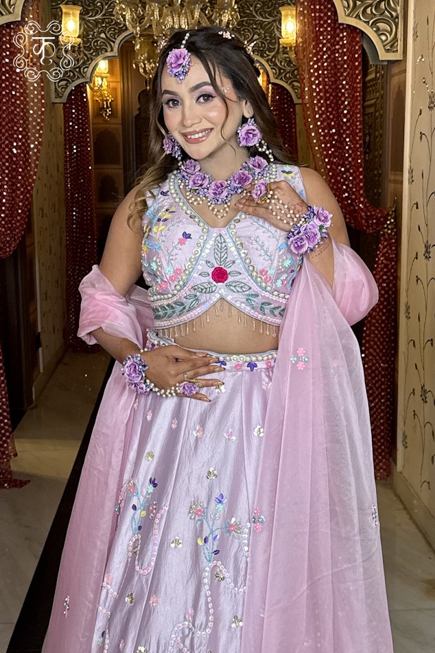 Luxury blush pink wedding lehenga with mirror work