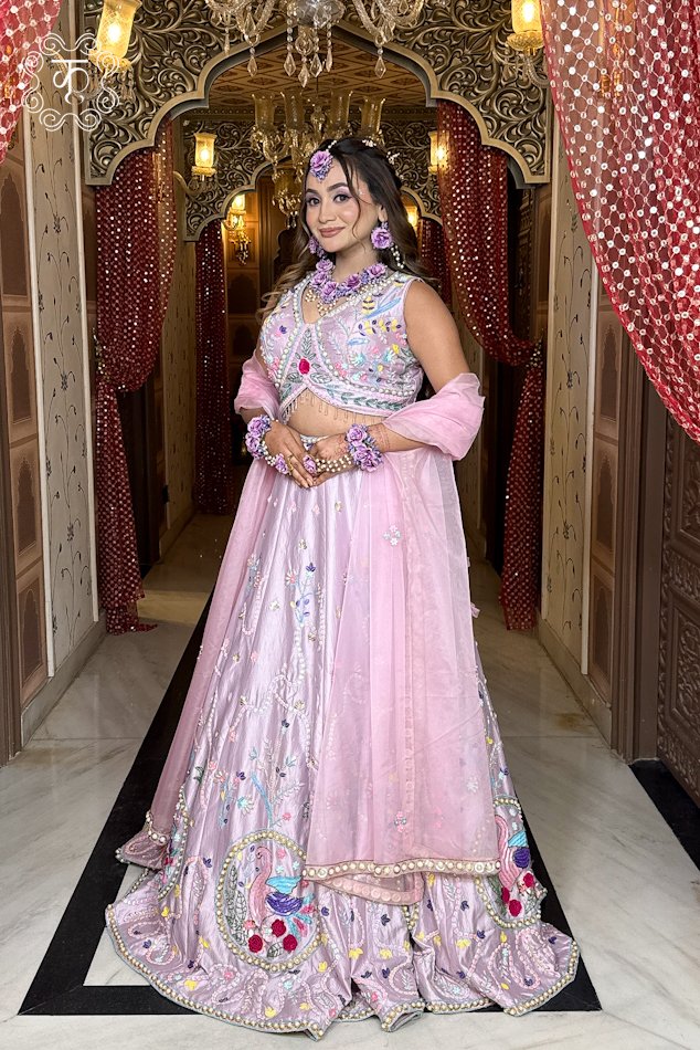 Designer blush pink lehenga with multicolor embroidery