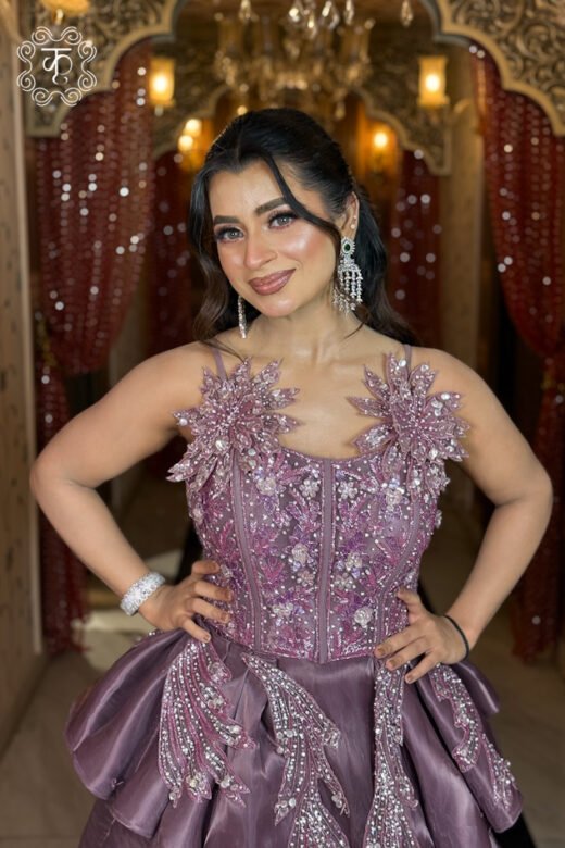 Designer mauve evening gown for weddings and cocktail parties