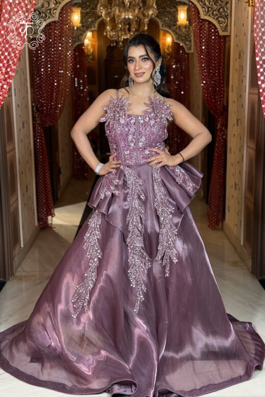 Premium mauve party wear gown with floral shoulder detailing