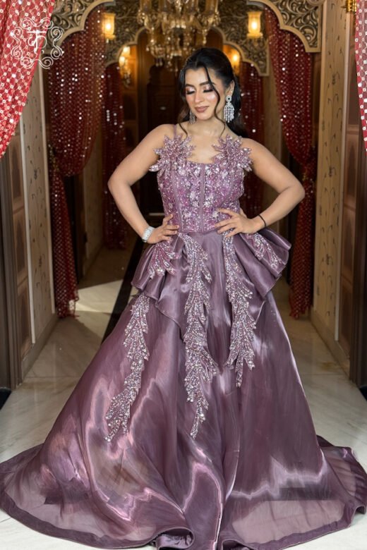 Luxury mauve designer gown with sequin and bead work
