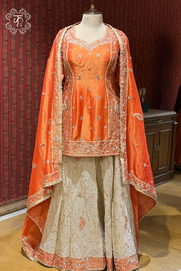 Elegant coral orange wedding sharara suit for women