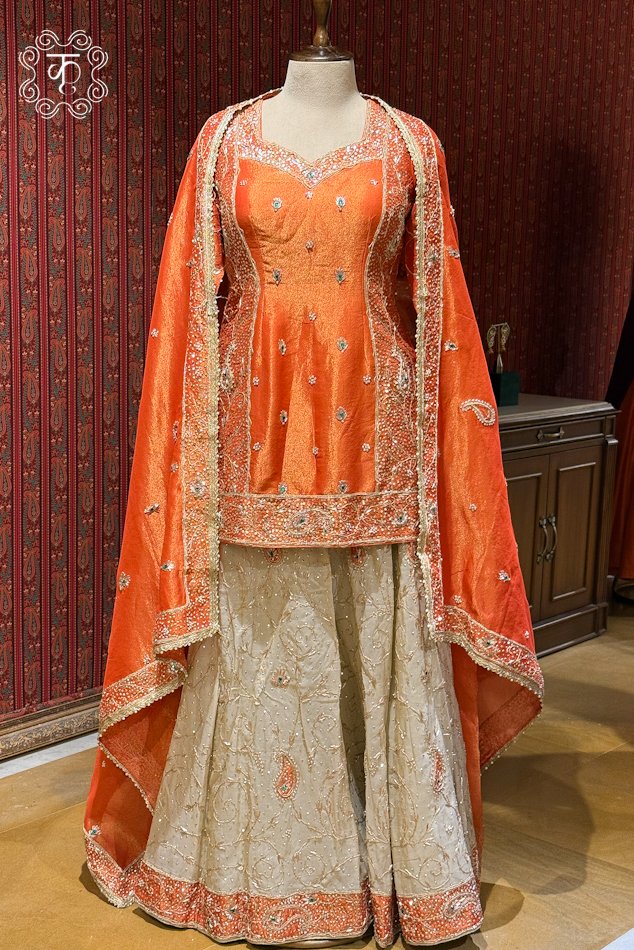 Luxury coral orange designer sharara suit with flared sharara