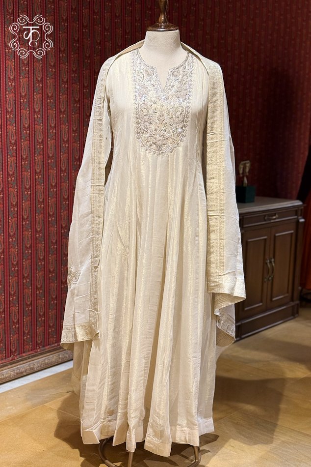 Designer ivory traditional suit set with embroidered dupatta