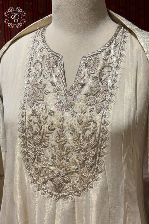 Luxury ivory flared Anarkali dress with intricate hand embroidery