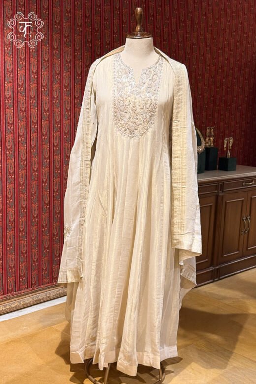 Ivory hand embroidered Anarkali suit set with matching dupatta
