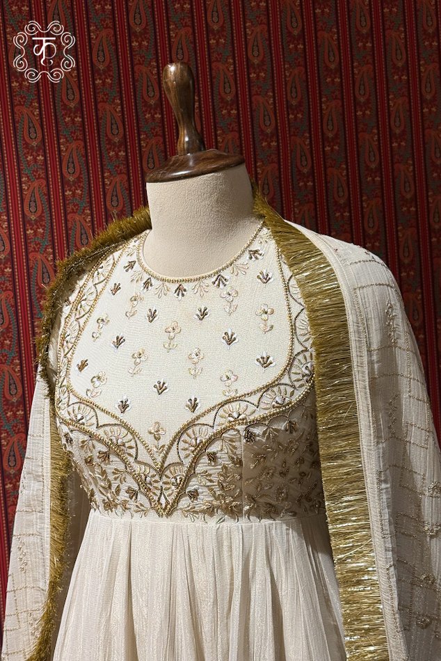 Designer ivory and gold traditional Anarkali suit for women