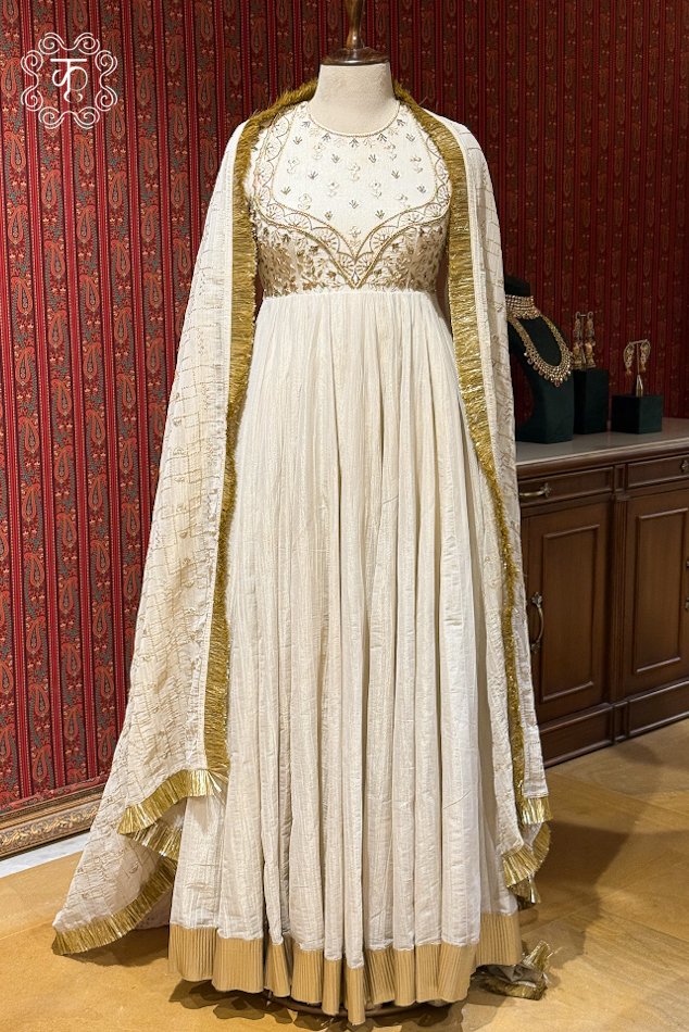 Luxury ivory embroidered ethnic suit with golden border dupatta