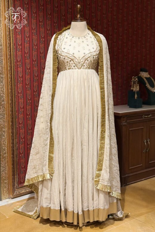 Ivory and gold embroidered Anarkali suit set with embellished dupatta
