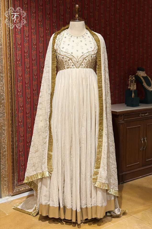 Ivory and gold embroidered Anarkali suit set with embellished dupatta