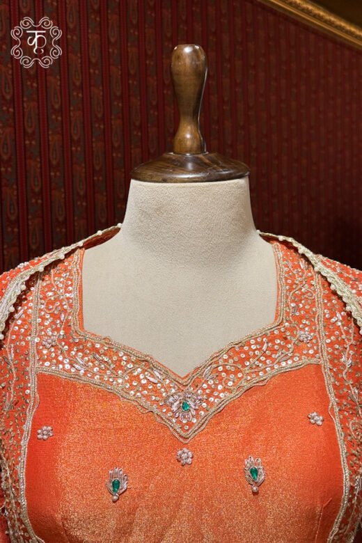 Traditional coral orange embroidered sharara suit for weddings
