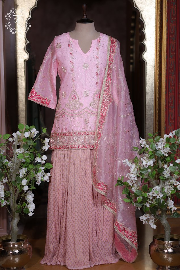 Blush pink hand embroidered designer sharara suit with organza dupatta
