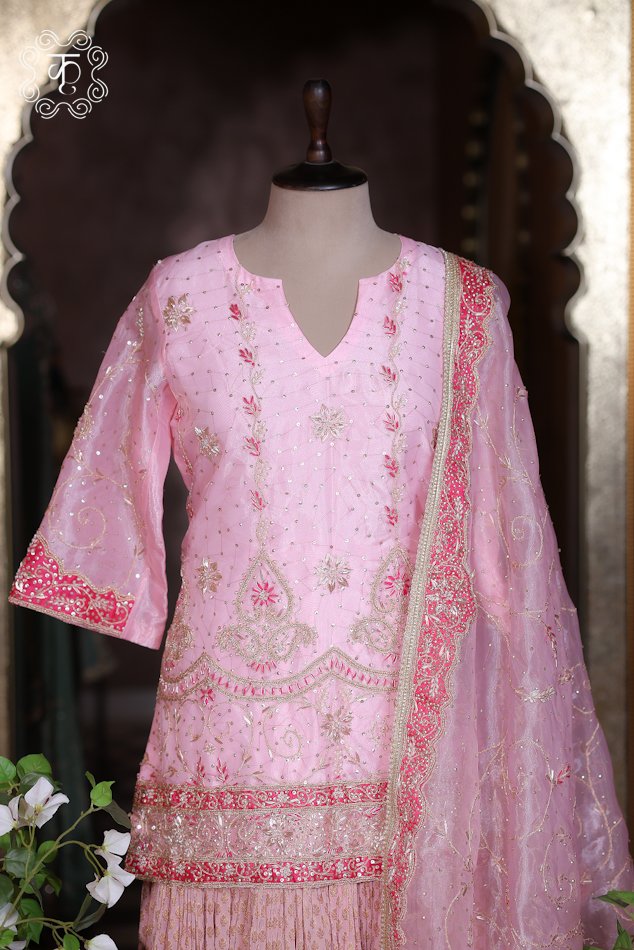 Luxury blush pink Pakistani style sharara suit