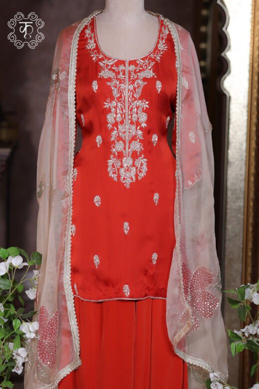 Luxury rust orange Pakistani style sharara suit