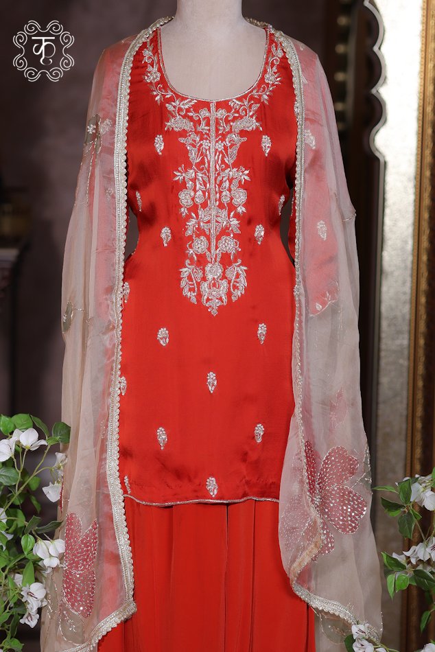 Luxury rust orange Pakistani style sharara suit