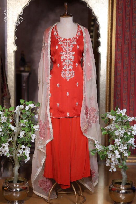 Premium rust orange embroidered festive sharara set