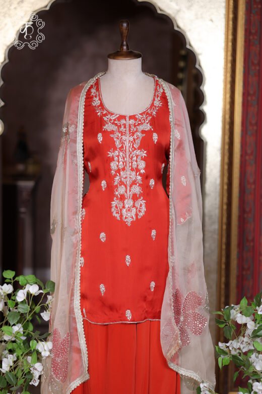 Designer rust orange ethnic sharara suit for weddings and celebrations