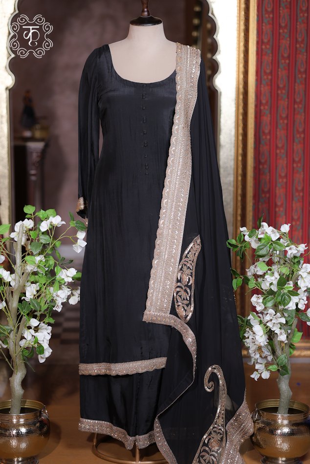Luxury black embroidered sharara suit for weddings