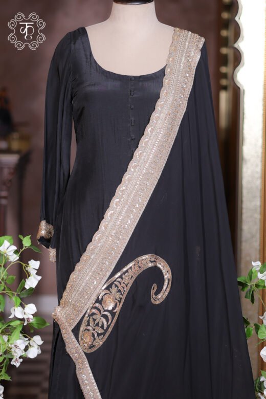 Midnight black embroidered designer sharara suit with dupatta