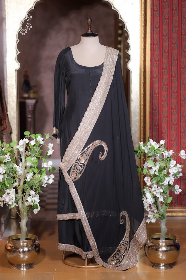Designer black festive sharara suit with embellished dupatta