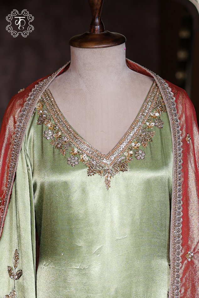 Sage Green Hand Embroidered Designer Sharara Suit Set - Image 2