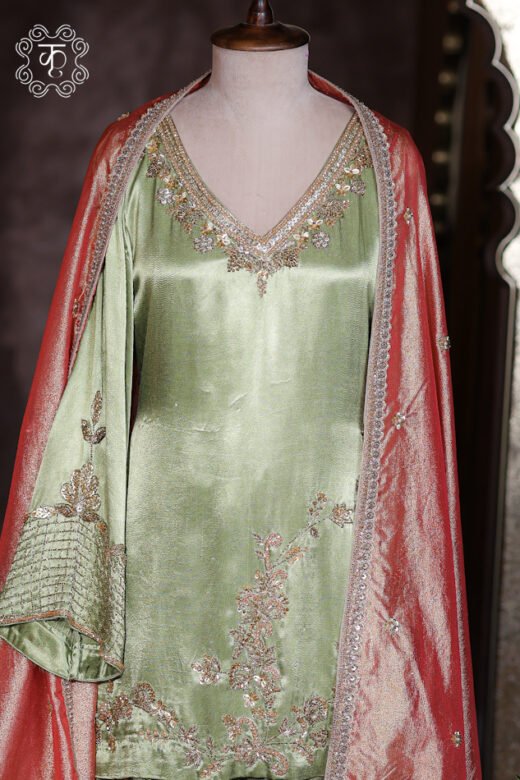 Sage Green Hand Embroidered Designer Sharara Suit Set