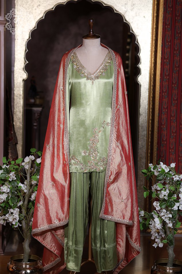 Sage Green Hand Embroidered Designer Sharara Suit Set - Image 3