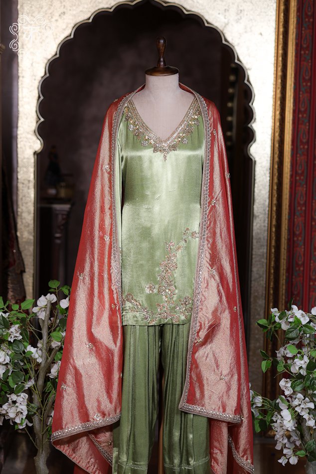 Sage Green Hand Embroidered Designer Sharara Suit Set - Image 5