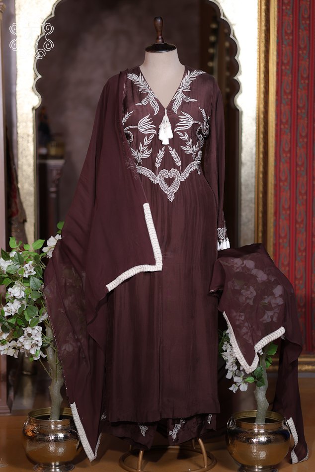 Designer chocolate brown ethnic sharara suit for weddings